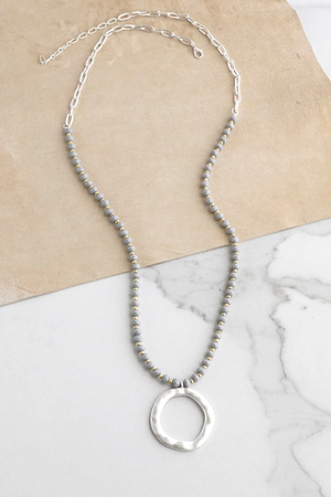 Gray Beaded Necklace with Silver Circle Pendant