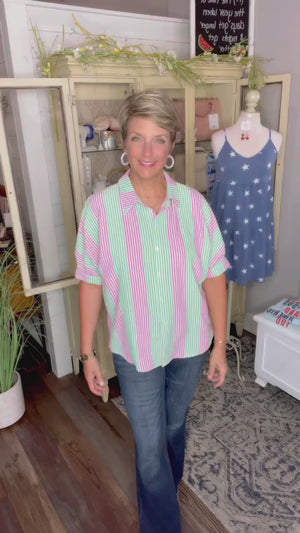 Lovin' Stripes Collared Button Down Top in Watermelon