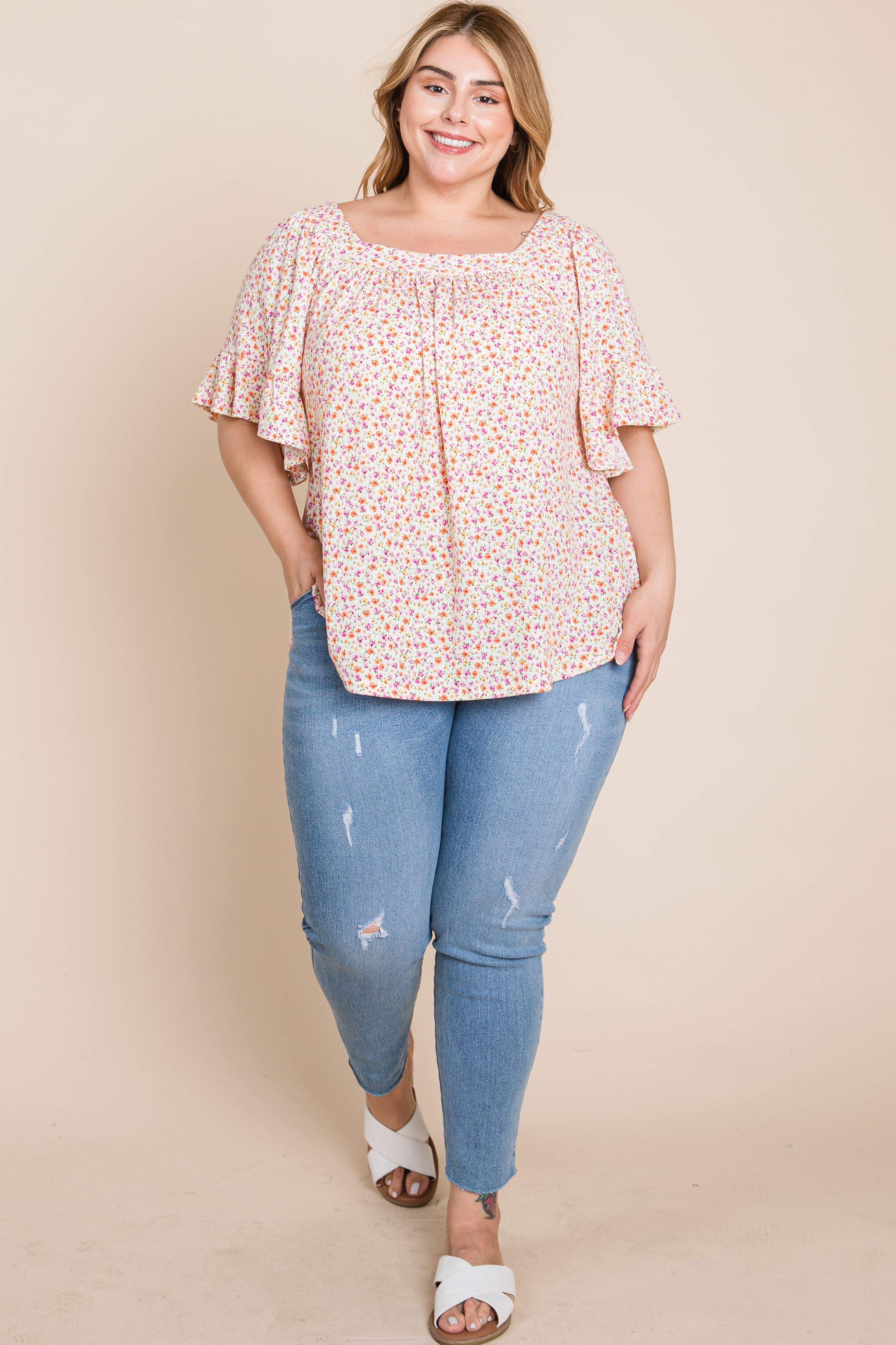 Pompom Detail Tulip Sleeve Floral Top in Curvy - Angie's Strength & Style  Boutique